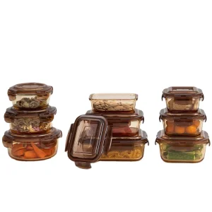 High Borosilicate Amber Glass Food Storage Containers with Lock Lids, Round, Rectangle, and Square