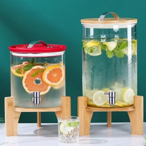 High Borosilicate Glass Beverage Dispenser with Tap Bamboo Lid & Wooden Stand Large Capacity Drink Dispenser for Juice