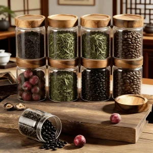 High-Borosilicate Glass Chinese-Style Coffee Bean Storage Jar 301-500 ml Airtight Acacia Wood Lid Food-Grade