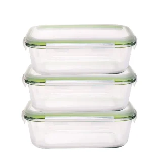 High Borosilicate Glass Food Container with PP Lid, Microwavable, Rectangular, 3-Piece Set