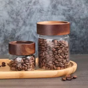 High Borosilicate Glass Food Storage Jar Acacia Wood Screw Lid 100ml 150ml Clear Microwavable Eco Friendly Container