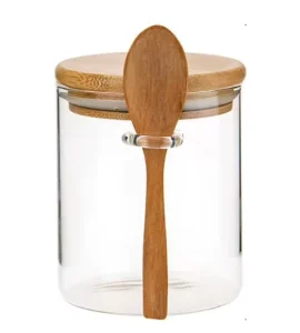 High-Borosilicate Glass Food Storage Jar with Bamboo Lid and Spoon Airtight Nut Candy Container