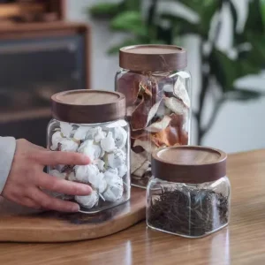 High Borosilicate Glass Heat-Resistant Square Storage Jars with Wooden Lids, Microwavable Airtight Containers for Tea and Dried Foods