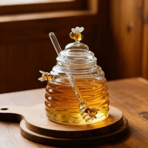 High Borosilicate Glass Honey Jar with Lid and Stirring Rod