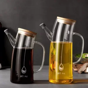 High Borosilicate Glass Oil Pot 700ml 1000ml with Leak-Proof Bamboo Lid for Kitchen Cooking