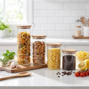 High-Borosilicate Glass Pasta Storage Jar with Wooden Bamboo Lid
