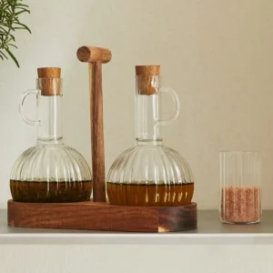 High-Borosilicate Glass Seasoning Bottle with Striped Design, Wooden Plug, and Heat-Resistant Construction