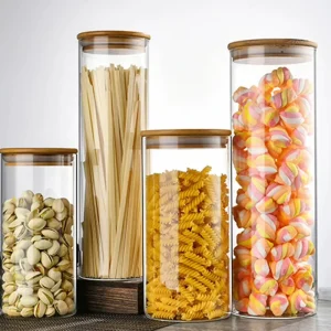 High Borosilicate Glass Storage Jar with Natural Bamboo Lid Airtight Kitchen Food Container for Tea Coffee Spices