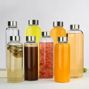 High Borosilicate Glass Water Bottle Translucent Metal Lid BPA Free Leak Proof 300ml/500ml/1000ml