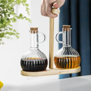 High Borosilicate Heat-Resistant Glass Oil Pot with Wooden Stopper for Sauce Vinegar and Oil