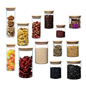 High Borosilicate Spice Glass Jars with Airtight Bamboo Lids Set for Food Storage