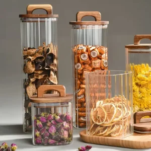 High Borosilicate Square Glass Food Storage Jar with Acacia Wooden Lid and Silicone Seal