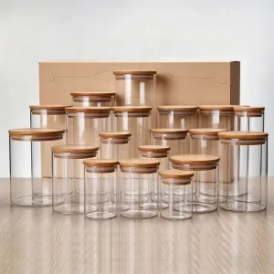 High Quality 200ml 2100ml Boron Silicon Cylinder Empty Glass Food Storage Containers for Kitchen Organization With Bamboo Lid