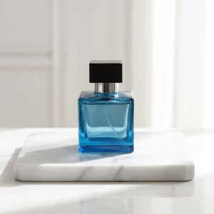 High Quality 50ml Blue Transparent Square Glass Perfume Bottle OEM ODM with Gift Box and Pump Sprayer Fairy Style