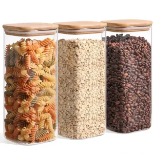 High Quality Airtight Rectangle Glass Storage Containers Wooden Bamboo Lids