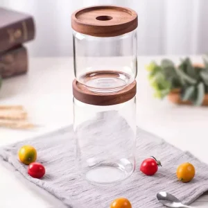 High Quality Borosilicate Glass Bottle Screw Wooden Lid Good Sealing Transparent High Appearance Glass Storage Bottle