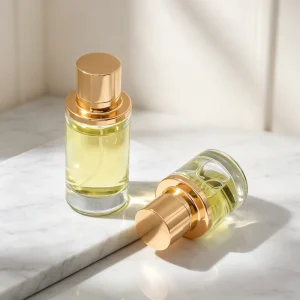 High Quality Eco friendly Cylindrical Clear Glass Perfume Spray Bottle With Black Gold Lid For Fragrance Essential Oil