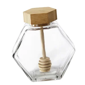 High Quality Food Grade Glass Hexagonal Honey Bottles 380ml with Wooden Cork Screw Cap for Diffuser Cake Packaging
