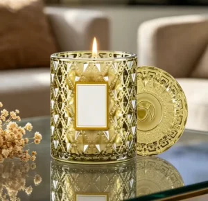 High Quality Natural Wax in Stylish Gold Patterned Glass Jar with Matching Lid Infused with a Luxurious Scent That Creates