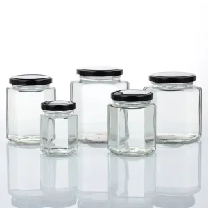 High Temperature Resistant Clear Hexagonal Glass Jar for Jam Chili Sauce Lemon Paste Honey with Lids