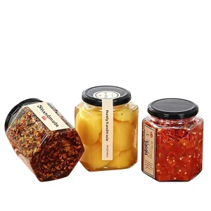 High White Six-Sided Glass Bottle for Honey Jam Pickles Chili Sauce 500ml with Sealed Lid