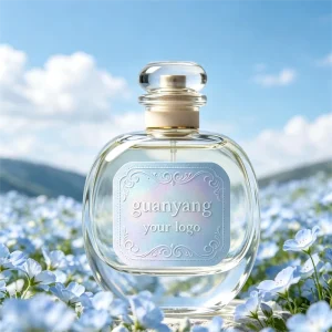 Holographic Light Blue Curly Frame Custom Logo Self-Adhesive Perfume Labels for Oval Glass Bottles