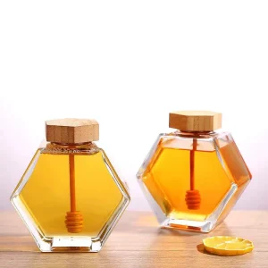 Honey Bear Glass Jar with Wooden Dipper Hexagon Glass Jar for Honey