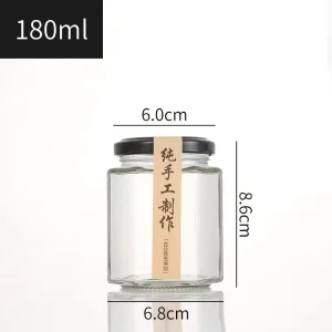 Honey Bottles Packaging 30ml 40ml 100ml 180ml 280ml 380ml 500ml 730ml Hexagonal Glass Jar with Crown Cap for Cake Decal