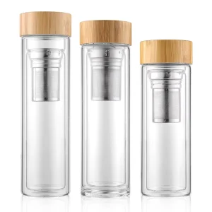 Hot Selling Double Layer Borosilicate Glass Tea Bottle 304 Stainless Steel Infuser BPA Free Microwave Safe Hand made Business