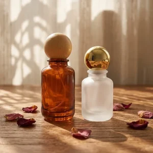 Hot Selling Empty Amber Clear Frosted Crimp Perfume Bottle 30ml 50ml 100ml Unique Round Perfume Glass Bottles With Ball Cap