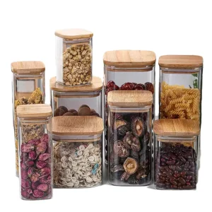Hot sale Glass Storage Jar with Bamboo Lid square Glass Jar Glass Container with Wood Lid