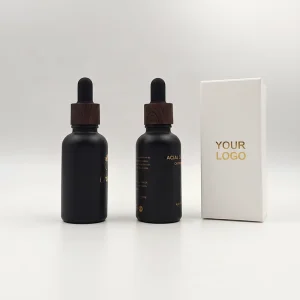 Hotsale Empty Matte Black 15ml 30ml 50ml 100ml Glass Dropper Bottle with Dark Wood Grain Twist Ring