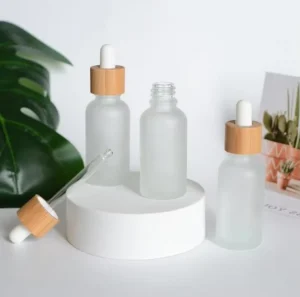 Hyaluronic Skin Care Serum 30ml Pack Clear Frosted Boston Round Essential Oil Glass Bottles with Bamboo Dropper Lid Cap 1Oz