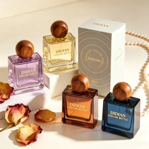 Irregular Square Glass Perfume Bottle 50ml and 100ml with Wooden Lid Brown or Black