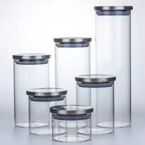 JM High Borosilicate Glass Cylinder Specimen Bottle Kitchen Food Glass Containers Jars with Airtight Stainless Steel Lids