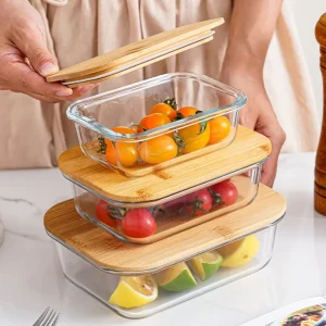 Kids and Adult Square Round Rectangle Borosilicate Glass Lunch Box and Meal Prep Food Storage Container with Bamboo Wooden Lid