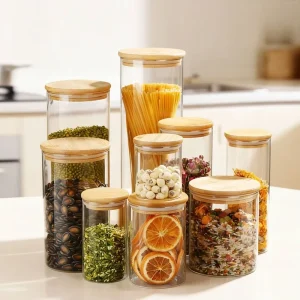 Kitchen Accessories air Tight Food Storage Container Borosilicate Glass Jar with Bamboo Lid for Coffee Beans Grains Noodles