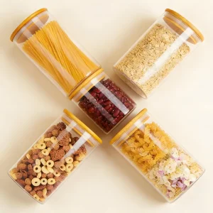 Kitchen Borosilicate Glass Airtight Food Storage Container with Bamboo Wood Lid Round Clear Glass Jar