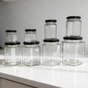 Kitchen Eco Friendly BPA Free Hexagonal Glass Jar 45ml 730ml Capacity Spice Storage Sealed Metal Lid Dishwasher Safe