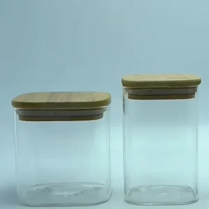 Kitchen Food Container 16oz Square Borosilicate Glass Storage Jar With Airtight Bamboo Lid