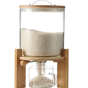 Kitchen Organization 5L 8 Glass Container Rice Dispenser with Stainless Steel Tap Airtight Lid and Wooden Stand