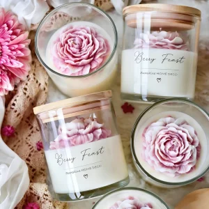 L Size Peony Rose Flower Scented Candle in Glass Jar with Wood Lid Natural Soy Wax Smokeless Art Candle for Wedding Gifts Mother