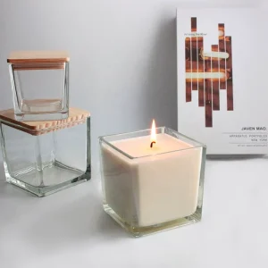 LANGXU square Transparent Natural Glass Material Large Medium Small Size Vessel clear Colors Glass Container Candle With Wooden