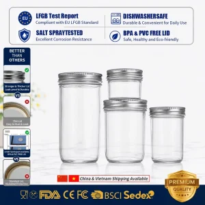 LFGB FDA BPA PVC-Free Glass Storage Canning Jars with Rust-Resistant Metal Lids