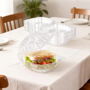 LOKYO Disposable Transparent 3 Compartment Food Container PET Clear Clamshell Food Box with Hinged Lid for Cake Fruits