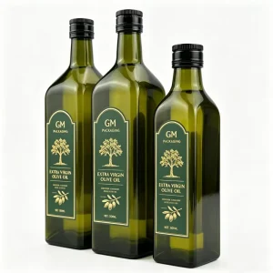 Labeling Narrow Neck Dark Green Marasca Glass Bottle 250ml 500ml 750ml 1000ml Square Shape Screw Cap for Olive Oil Cooking