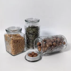 Large Begonia Pattern Carved Glass Storage Canister with Glass Lid for Kitchen Pantry