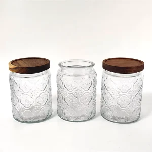 Large-Capacity Begonia Pattern Carved Glass Cookie Jar with Airtight Acacia Lid for Tea and Spices