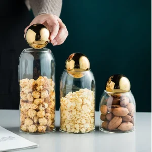 Large Capacity Transparent High Borosilicate Glass Food Storage Jar with Gold and Silver Cork Ball Lid