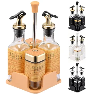 Leak-Proof Oil and Vinegar Dispenser, Stainless Steel and Glass Spice Jar Salt Shaker Set with Rotating Lid